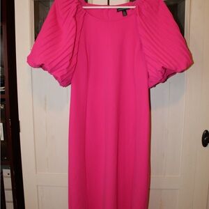 Nina Leonard Hot Pink Midi Dress with Pleated Puff Sleeves